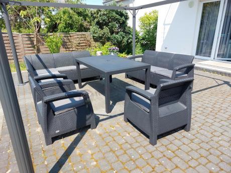 Zestaw dla 10 osób z narożnikiem, stołem obiadowym i trzema fotelami Rellme VII grafitowy