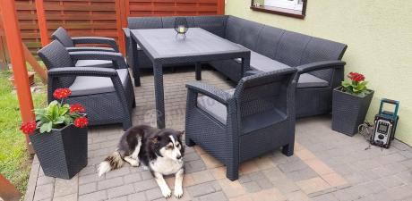 Zestaw dla 10 osób z narożnikiem, stołem obiadowym i trzema fotelami Rellme VII grafitowy