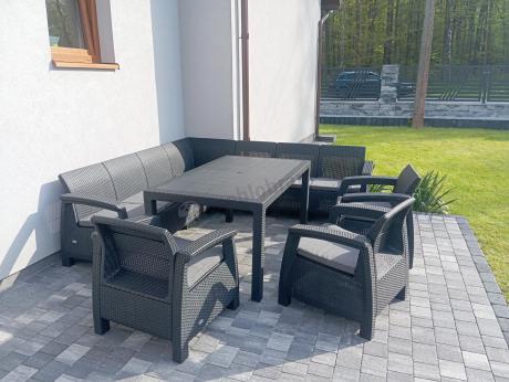 Zestaw dla 10 osób z narożnikiem, stołem obiadowym i trzema fotelami Rellme VII grafitowy