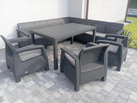 Zestaw dla 10 osób z narożnikiem, stołem obiadowym i trzema fotelami Rellme VII grafitowy