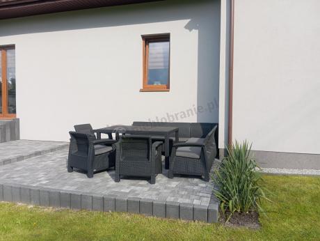 Zestaw dla 10 osób z narożnikiem, stołem obiadowym i trzema fotelami Rellme VII grafitowy