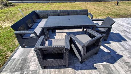 Zestaw dla 10 osób z narożnikiem, stołem obiadowym i trzema fotelami Rellme VII grafitowy