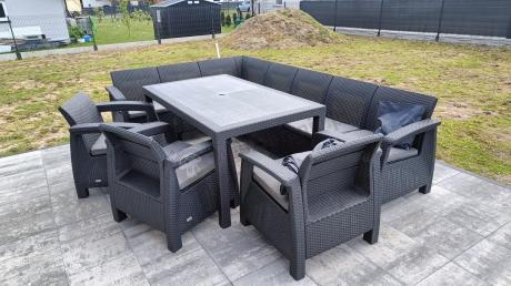 Zestaw dla 10 osób z narożnikiem, stołem obiadowym i trzema fotelami Rellme VII grafitowy