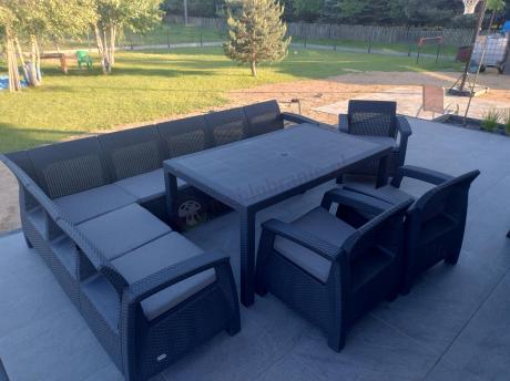 Zestaw dla 10 osób z narożnikiem, stołem obiadowym i trzema fotelami Rellme VII grafitowy