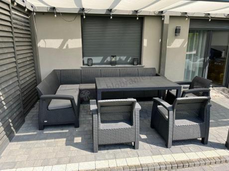 Zestaw dla 10 osób z narożnikiem, stołem obiadowym i trzema fotelami Rellme VII grafitowy