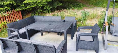 Zestaw dla 10 osób z narożnikiem, stołem obiadowym i trzema fotelami Rellme VII grafitowy