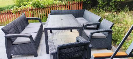 Zestaw dla 10 osób z narożnikiem, stołem obiadowym i trzema fotelami Rellme VII grafitowy