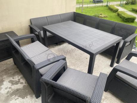 Zestaw dla 10 osób z narożnikiem, stołem obiadowym i trzema fotelami Rellme VII grafitowy