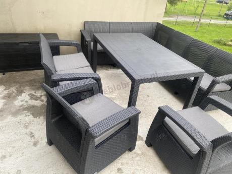 Zestaw dla 10 osób z narożnikiem, stołem obiadowym i trzema fotelami Rellme VII grafitowy