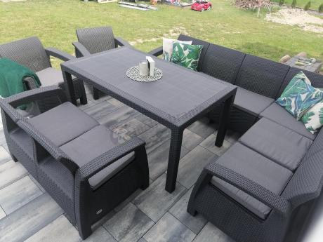 Zestaw dla 10 osób z narożnikiem, stołem obiadowym i trzema fotelami Rellme VII grafitowy