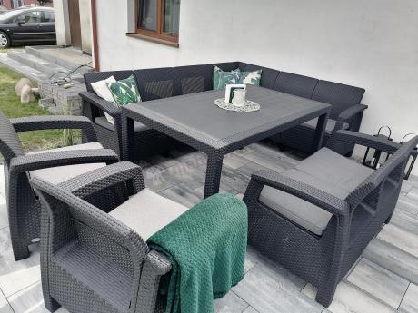 Zestaw dla 10 osób z narożnikiem, stołem obiadowym i trzema fotelami Rellme VII grafitowy