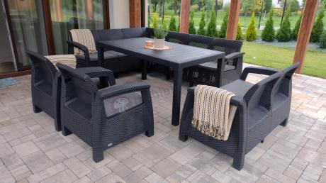 Zestaw dla 10 osób z narożnikiem, stołem obiadowym i trzema fotelami Rellme VII grafitowy