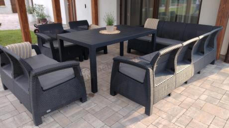 Zestaw dla 10 osób z narożnikiem, stołem obiadowym i trzema fotelami Rellme VII grafitowy