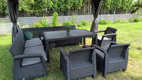 Zestaw dla 10 osób z narożnikiem, stołem obiadowym i trzema fotelami Rellme VII grafitowy