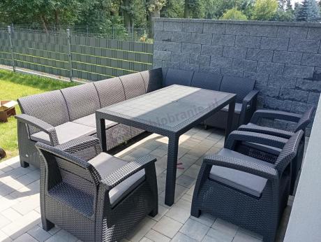 Zestaw dla 10 osób z narożnikiem, stołem obiadowym i trzema fotelami Rellme VII grafitowy