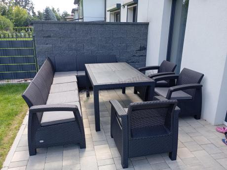 Zestaw dla 10 osób z narożnikiem, stołem obiadowym i trzema fotelami Rellme VII grafitowy