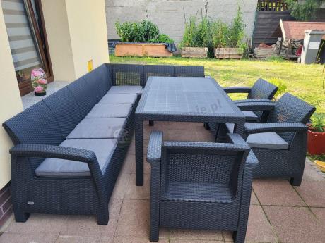 Zestaw dla 10 osób z narożnikiem, stołem obiadowym i trzema fotelami Rellme VII grafitowy