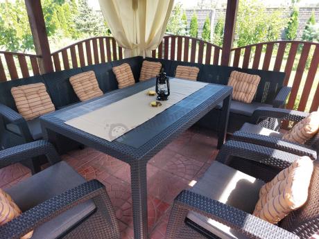 Zestaw dla 10 osób z narożnikiem, stołem obiadowym i trzema fotelami Rellme VII grafitowy