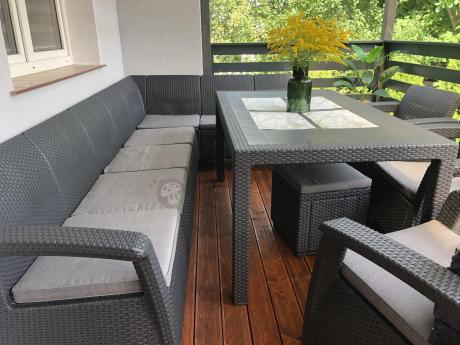 Zestaw dla 10 osób z narożnikiem, stołem obiadowym i trzema fotelami Rellme VII grafitowy