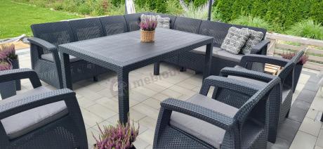 Zestaw dla 10 osób z narożnikiem, stołem obiadowym i trzema fotelami Rellme VII grafitowy