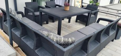 Zestaw dla 10 osób z narożnikiem, stołem obiadowym i trzema fotelami Rellme VII grafitowy
