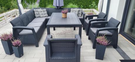 Zestaw dla 10 osób z narożnikiem, stołem obiadowym i trzema fotelami Rellme VII grafitowy
