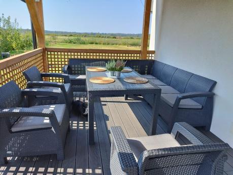 Zestaw dla 10 osób z narożnikiem, stołem obiadowym i trzema fotelami Rellme VII grafitowy