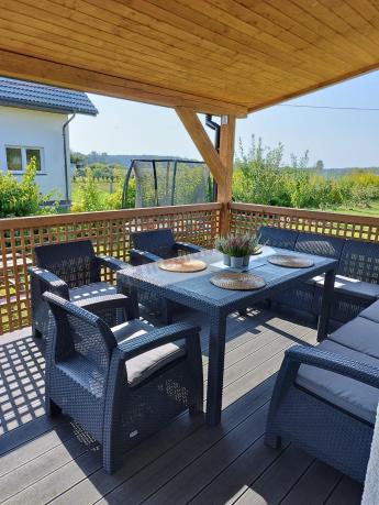 Zestaw dla 10 osób z narożnikiem, stołem obiadowym i trzema fotelami Rellme VII grafitowy