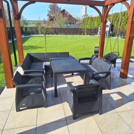 Zestaw dla 10 osób z narożnikiem, stołem obiadowym i trzema fotelami Rellme VII grafitowy