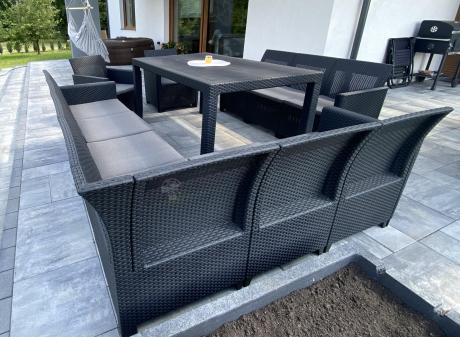 Zestaw dla 11 osób z narożnikiem 222 x 272 cm, trzema fotelami i stołem obiadowym - grafit