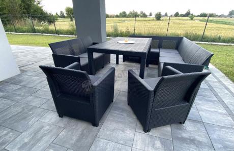 Zestaw dla 11 osób z narożnikiem 222 x 272 cm, trzema fotelami i stołem obiadowym - grafit