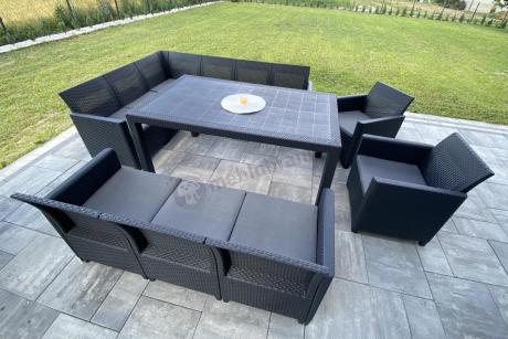 Zestaw dla 11 osób z narożnikiem 222 x 272 cm, trzema fotelami i stołem obiadowym - grafit