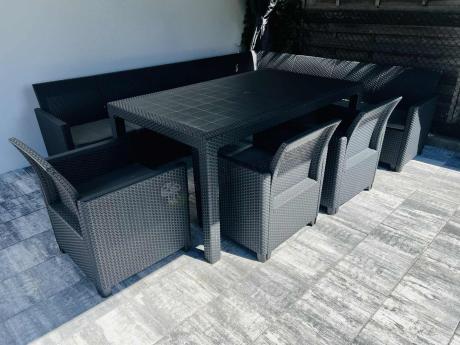 Zestaw dla 11 osób z narożnikiem Nedler VIII, trzema fotelami i stołem obiadowym - grafit