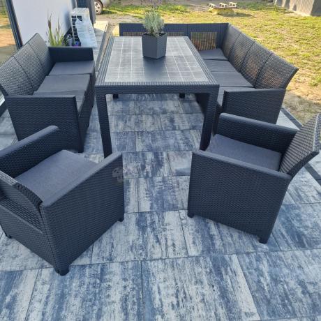 Zestaw dla 11 osób z narożnikiem Nedler VIII, trzema fotelami i stołem obiadowym - grafit