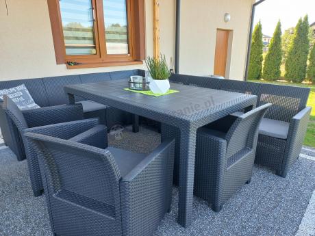 Zestaw dla 11 osób z narożnikiem Nedler VIII, trzema fotelami i stołem obiadowym - grafit