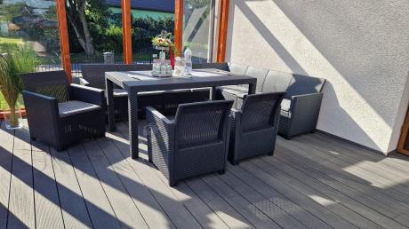 Zestaw dla 11 osób z narożnikiem Nedler VIII, trzema fotelami i stołem obiadowym - grafit