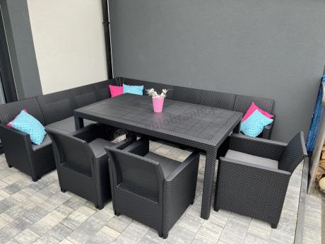 Zestaw dla 11 osób z narożnikiem Nedler VIII, trzema fotelami i stołem obiadowym - grafit