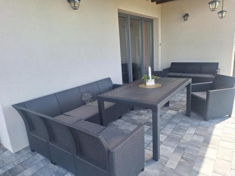 Zestaw dla 11 osób z narożnikiem Nedler VIII, trzema fotelami i stołem obiadowym - grafit