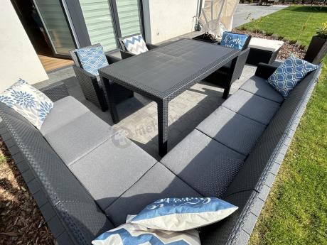 Zestaw dla 11 osób z narożnikiem Nedler VIII, trzema fotelami i stołem obiadowym - grafit