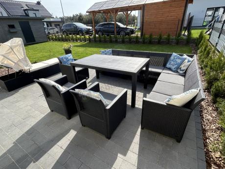 Zestaw dla 11 osób z narożnikiem Nedler VIII, trzema fotelami i stołem obiadowym - grafit