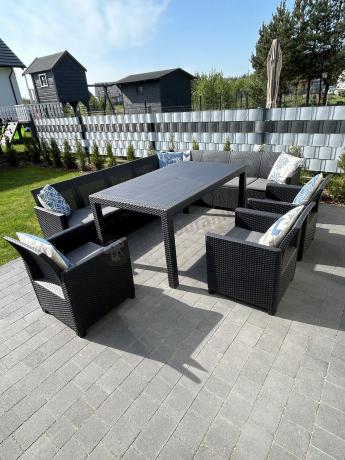 Zestaw dla 11 osób z narożnikiem Nedler VIII, trzema fotelami i stołem obiadowym - grafit