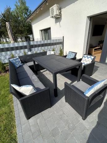 Zestaw dla 11 osób z narożnikiem Nedler VIII, trzema fotelami i stołem obiadowym - grafit