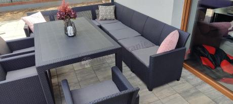 Zestaw dla 11 osób z narożnikiem Nedler VIII, trzema fotelami i stołem obiadowym - grafit