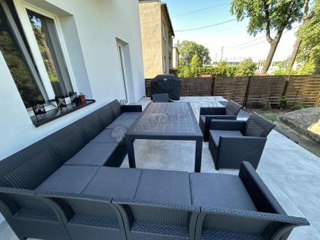 Zestaw dla 11 osób z narożnikiem Nedler VIII, trzema fotelami i stołem obiadowym - grafit