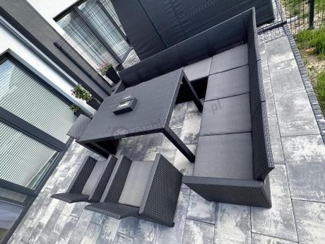 Zestaw dla 11 osób z narożnikiem Nedler VIII, trzema fotelami i stołem obiadowym - grafit