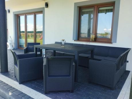 Zestaw dla 11 osób z narożnikiem Nedler VIII, trzema fotelami i stołem obiadowym - grafit