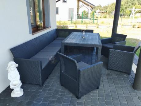 Zestaw dla 11 osób z narożnikiem Nedler VIII, trzema fotelami i stołem obiadowym - grafit