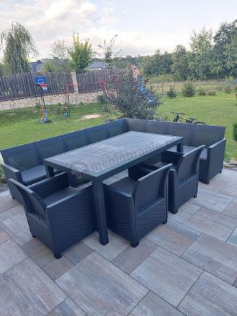 Zestaw dla 11 osób z narożnikiem Nedler VIII, trzema fotelami i stołem obiadowym - grafit