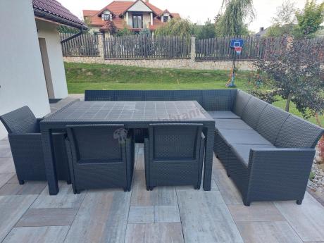 Zestaw dla 11 osób z narożnikiem Nedler VIII, trzema fotelami i stołem obiadowym - grafit