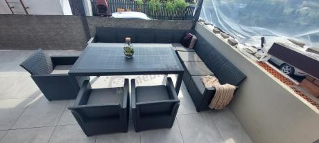 Zestaw dla 11 osób z narożnikiem Nedler VIII, trzema fotelami i stołem obiadowym - grafit